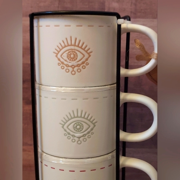 SALE! NWT Boho Evil Eye Set Stackable Coffee Mugs/Tea Cups Metal Organizer Stand - Picture 9 of 16